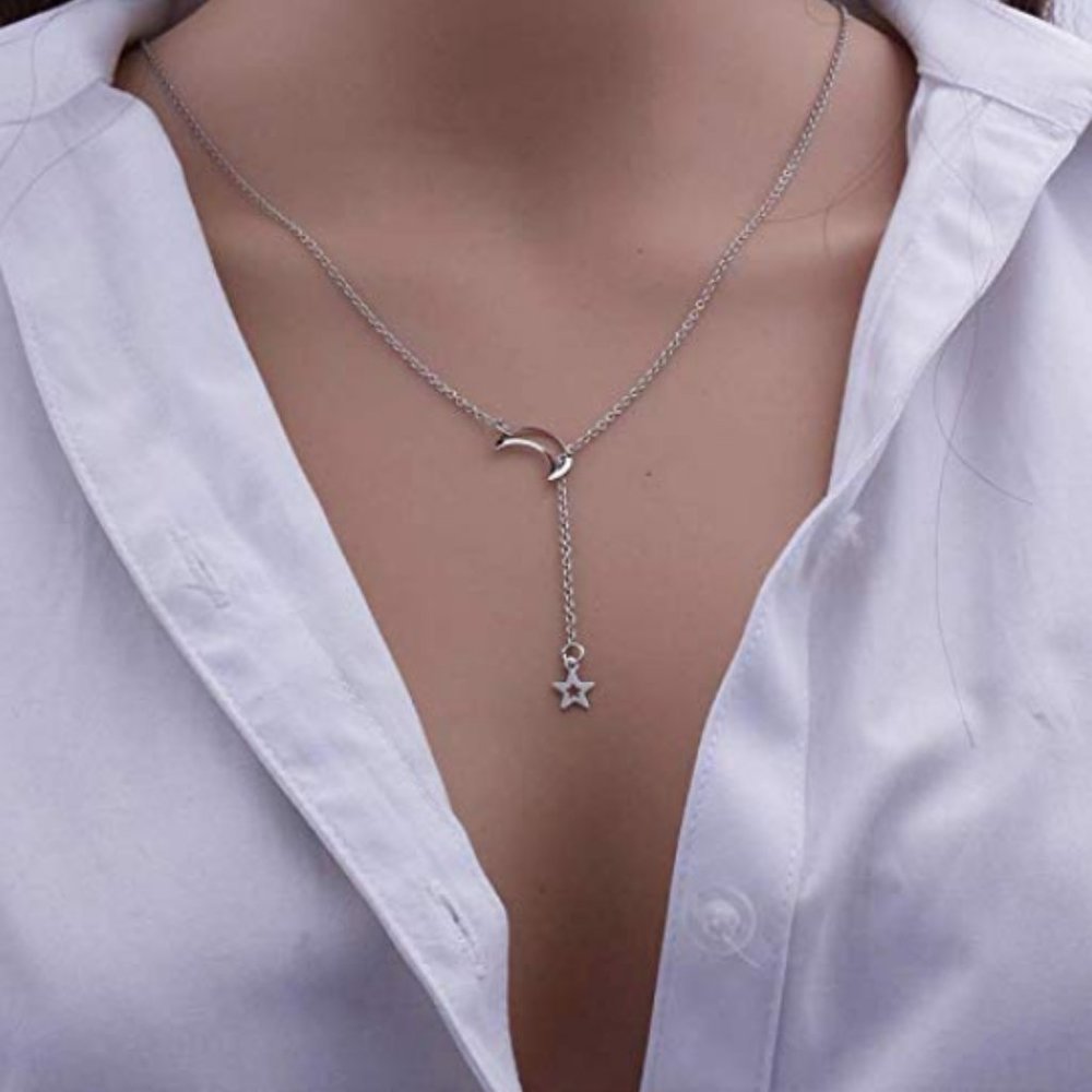 Moon Star Lariat Necklace (Silver)